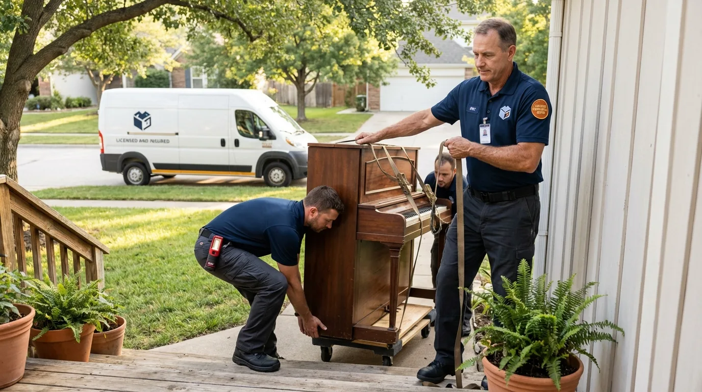 Licensed piano movers securing grand piano in Fort Washington, PA