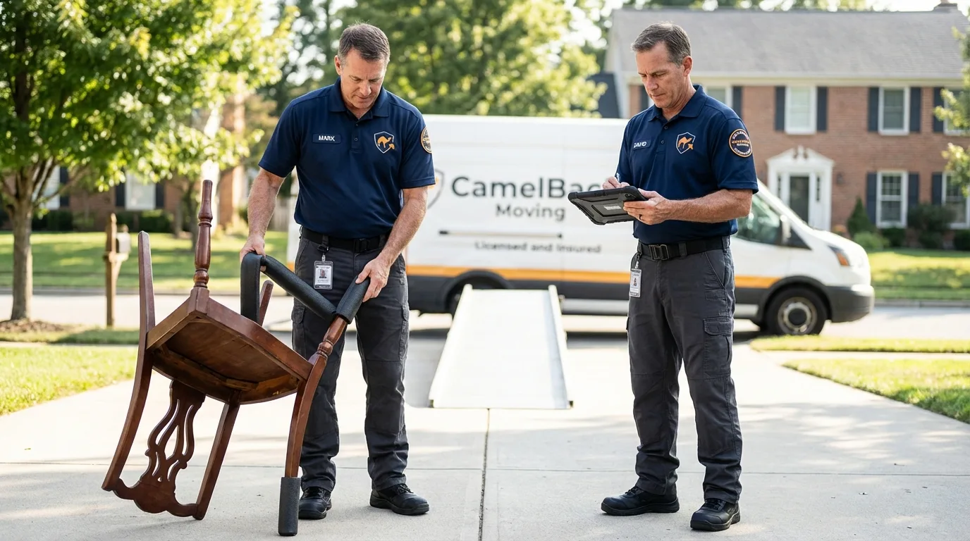 Movers inspecting furniture for damage prevention before loading in Fort Washington, PA
