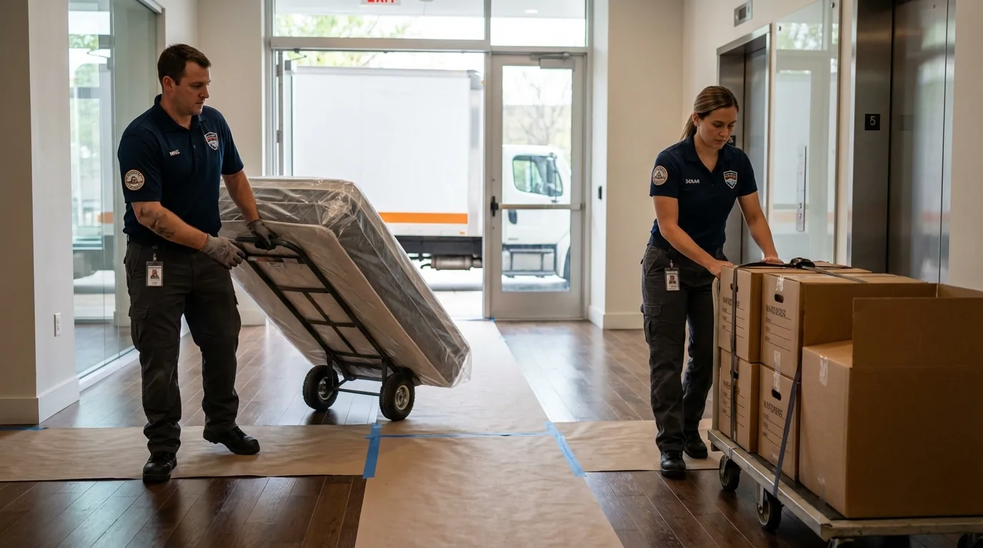 Professional apartment movers loading elevator in Fort Washington, PA