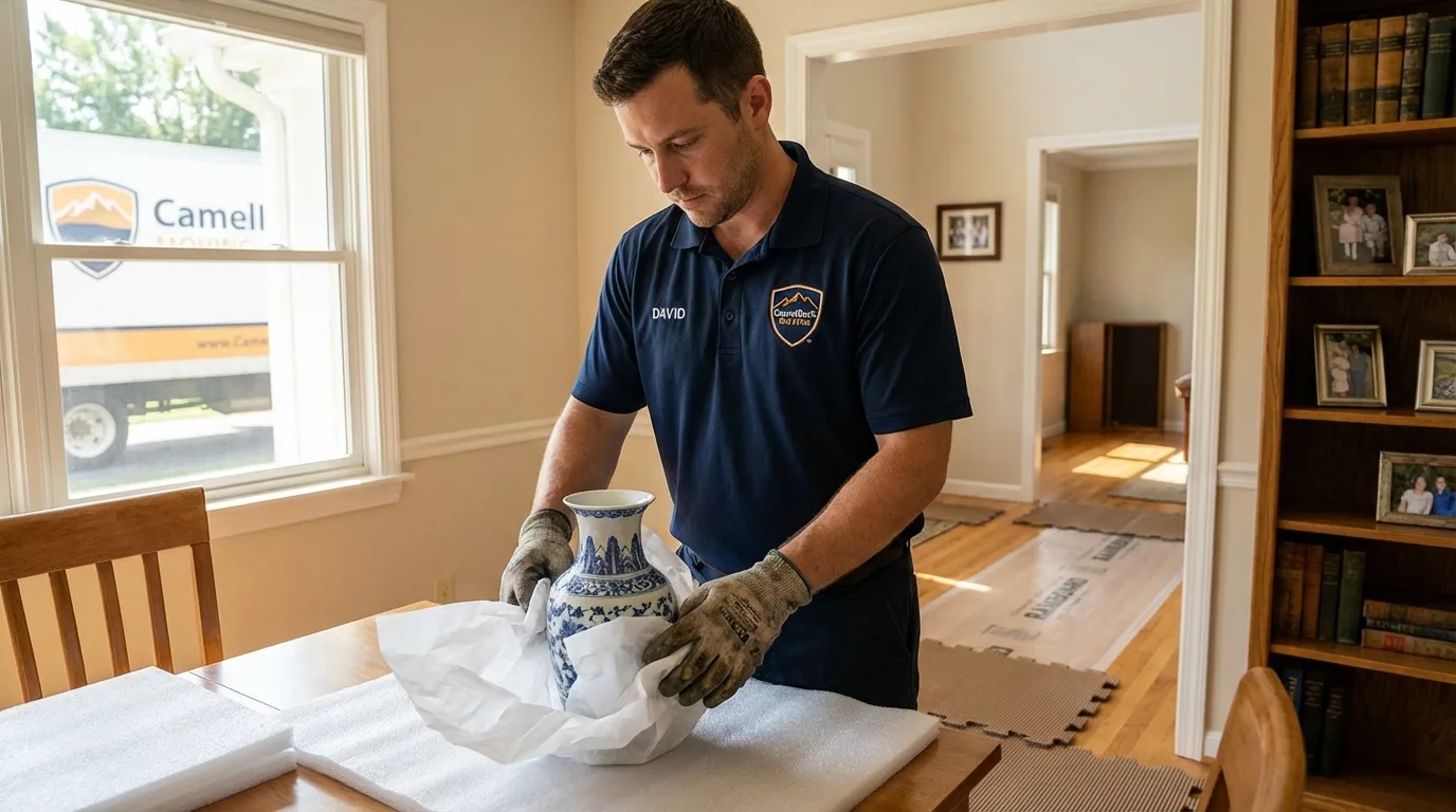 Professional crew carefully wrapping antique vase for senior downsizing move in Fort Washington, PA